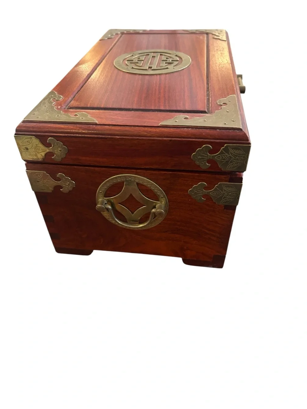 Vintage Chinese Rosewood Decorative Wooden Jewelry Box  Brass Hardware  Hongmu